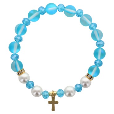 Bracelet sur elastique en pierre de lune synthetique Ø 8 mm & coquille naturelle avec croix acier inoxydable. LOT 5 ASSORTIS.